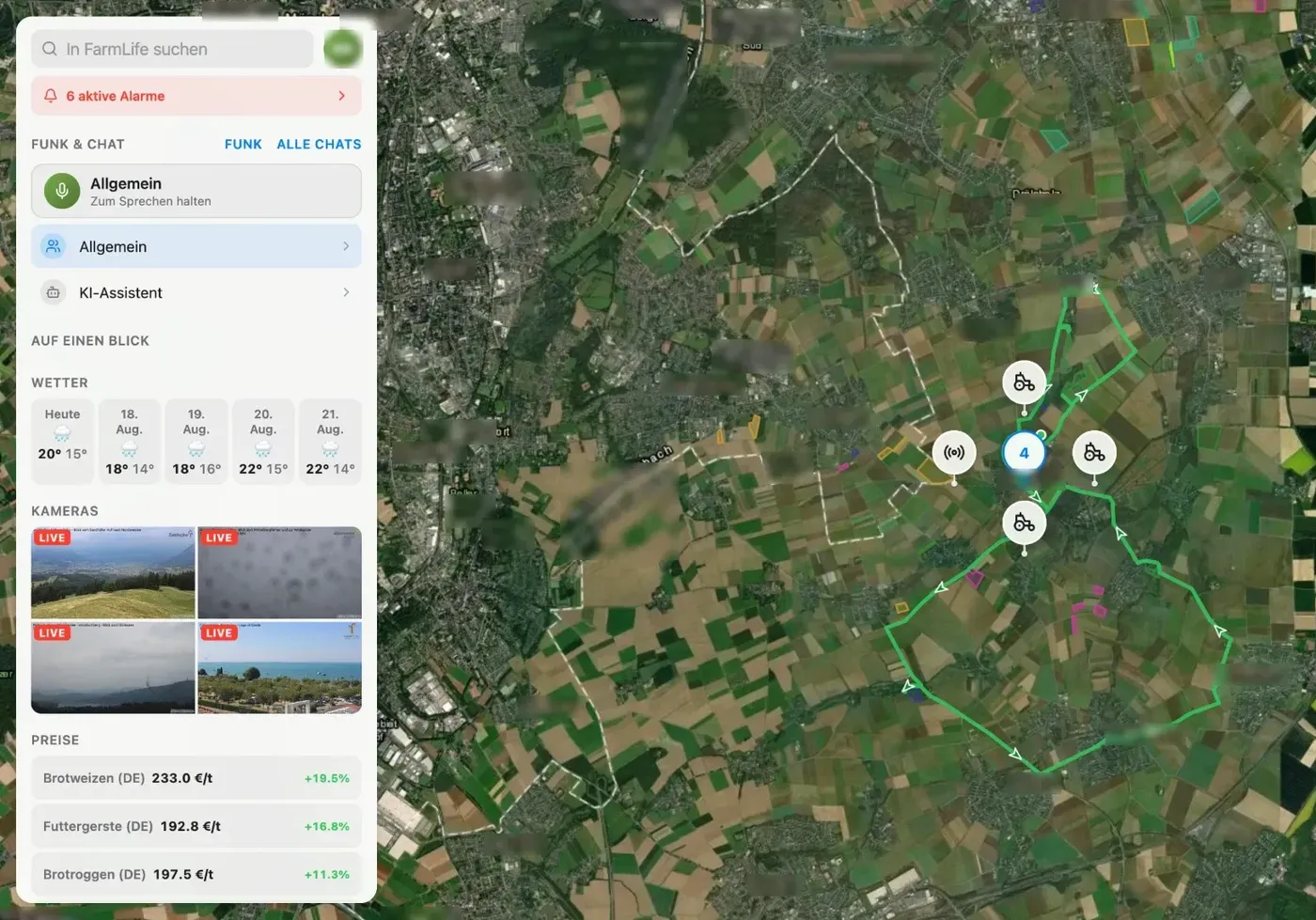 farmlife auf dem iPad: Satellitenkarte des Hofs mit Schlaggrenzen, Maschinen-Pins und gefahrener Route, daneben eine Seitenleiste mit Alarmen und Wetter.